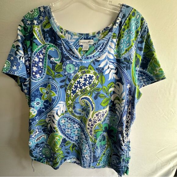 Caribbean Joe Tops - Caribbean Joe Blue and Green Boxy Crop Blouse